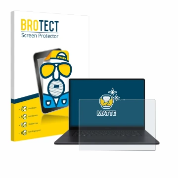 Front side of a product packaging with the brand logo BROTECT. Next to it is the device ASUS ProArt P16 shown with the corresp