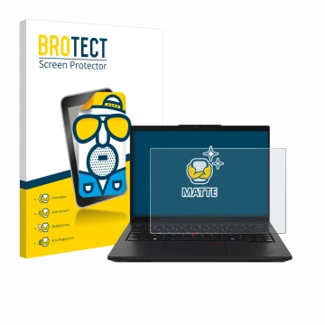 Front side of a product packaging with the brand logo BROTECT. Next to it is the device Lenovo ThinkPad L14 Gen 5 shown with t