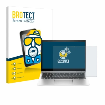 Front side of a product packaging with the brand logo BROTECT. Next to it is the device HP Elite x360 830 G11 2-in-1 shown wit