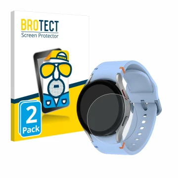 Front side of a product packaging with the brand logo BROTECT. Next to it is the device Samsung Galaxy Watch FE shown with the