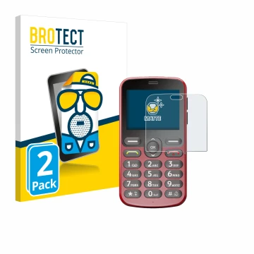 Front side of a product packaging with the brand logo BROTECT. Next to it is the device Doro 1880 shown with the corresponding