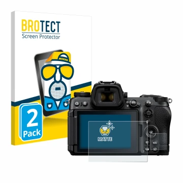 Front side of a product packaging with the brand logo BROTECT. Next to it is the device Nikon Z6 III shown with the correspond