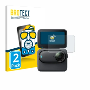 Front side of a product packaging with the brand logo BROTECT. Next to it is the device Insta360 Go 3S shown with the correspo