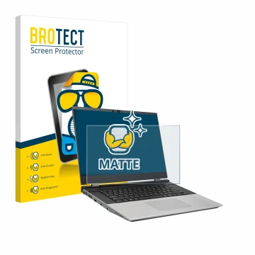 Front side of a product packaging with the brand logo BROTECT. Next to it is the device Framework Laptop 16 shown with the cor