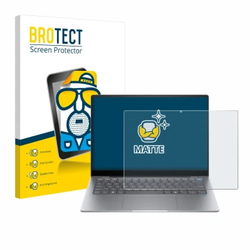Front side of a product packaging with the brand logo BROTECT. Next to it is the device HP OmniBook X AI 14 shown with the cor