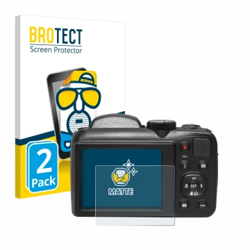 Front side of a product packaging with the brand logo BROTECT. Next to it is the device Kodak Pixpro AZ255 shown with the corr
