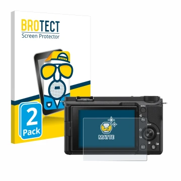 Front side of a product packaging with the brand logo BROTECT. Next to it is the device Sony Alpha ZV-E10 II shown with the co