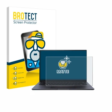 Front side of a product packaging with the brand logo BROTECT. Next to it is the device ASUS ZenBook Pro 14 UX6404V shown with