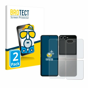 Front side of a product packaging with the brand logo BROTECT. Next to it is the device Samsung Galaxy Z Flip 6 (Front+Back) s
