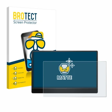 Front side of a product packaging with the brand logo BROTECT. Next to it is the device MSI Pro MP161 E2 shown with the corres