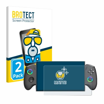 Front side of a product packaging with the brand logo BROTECT. Next to it is the device OneXPlayer X1 Mini shown with the corr