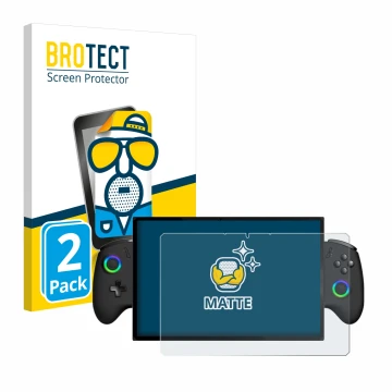 Front side of a product packaging with the brand logo BROTECT. Next to it is the device OneXPlayer X1 shown with the correspon