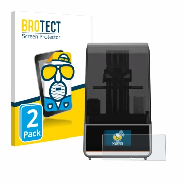 Front side of a product packaging with the brand logo BROTECT. Next to it is the device Anycubic Photon Mono M7 Pro shown with