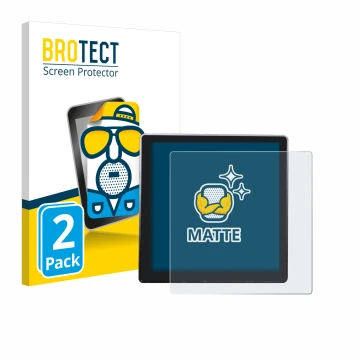 Front side of a product packaging with the brand logo BROTECT. Next to it is the device Shelly Wall Display shown with the cor