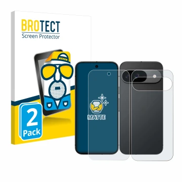 Front side of a product packaging with the brand logo BROTECT. Next to it is the device Google Pixel 9 (Front+Back) shown with