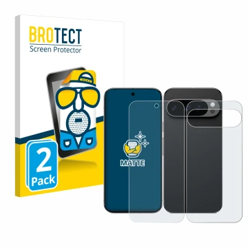 Front side of a product packaging with the brand logo BROTECT. Next to it is the device Google Pixel 9 Pro XL (Front+Back) sho