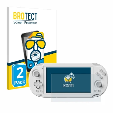 Front side of a product packaging with the brand logo BROTECT. Next to it is the device AYN Odin 2 Mini shown with the corresp