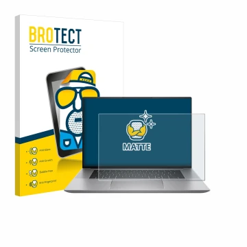 Front side of a product packaging with the brand logo BROTECT. Next to it is the device HP Zbook Studio 16 G11 shown with the 