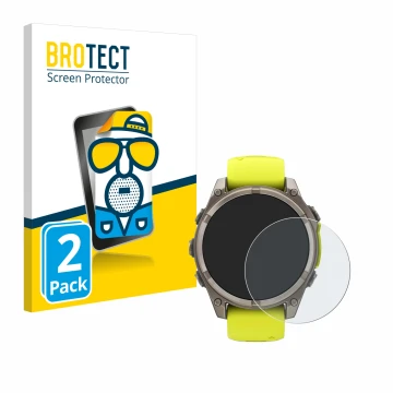 Front side of a product packaging with the brand logo BROTECT. Next to it is the device Garmin Fenix 8 Solar (47 mm) shown wit