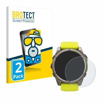 Front side of a product packaging with the brand logo BROTECT. Next to it is the device Garmin Fenix 8 Solar (51 mm) shown wit