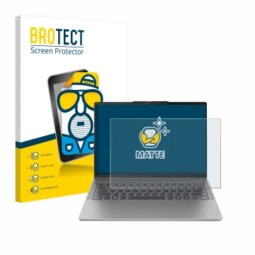 Front side of a product packaging with the brand logo BROTECT. Next to it is the device Lenovo IdeaPad Pro 5 14AHP9 shown with