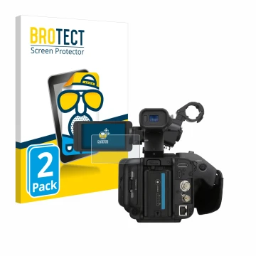 Front side of a product packaging with the brand logo BROTECT. Next to it is the device Sony PXW-Z200 shown with the correspon