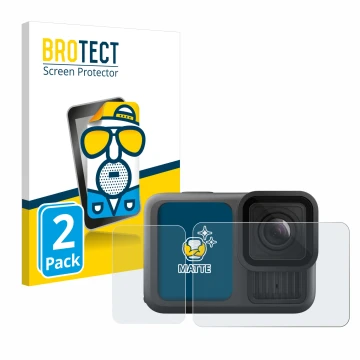Front side of a product packaging with the brand logo BROTECT. Next to it is the device GoPro Hero 13 Black shown with the cor