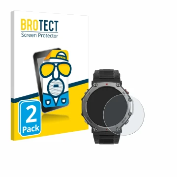 Front side of a product packaging with the brand logo BROTECT. Next to it is the device Huami Amazfit T-Rex 3 shown with the c