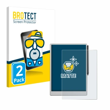 Front side of a product packaging with the brand logo BROTECT. Next to it is the device reMarkable Paper Pro shown with the co