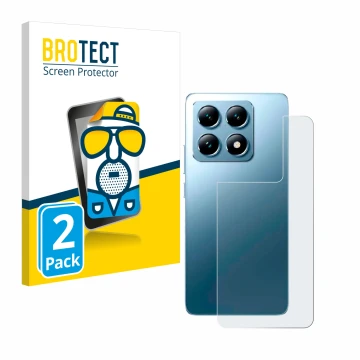 Front side of a product packaging with the brand logo BROTECT. Next to it is the device Xiaomi 14T Pro (Back) shown with the c