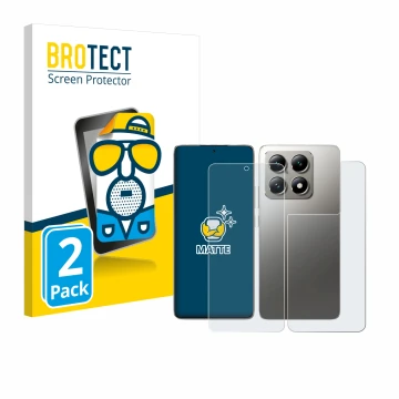 Front side of a product packaging with the brand logo BROTECT. Next to it is the device Xiaomi 14T Pro (Front+Back) shown with