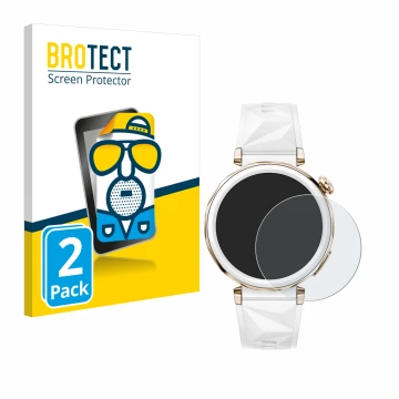 Front side of a product packaging with the brand logo BROTECT. Next to it is the device Huawei Watch GT 5 Pro (42 mm) shown wi