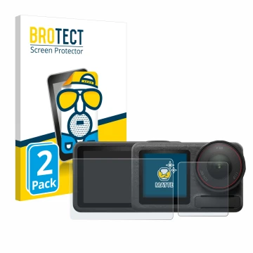 Front side of a product packaging with the brand logo BROTECT. Next to it is the device DJI Osmo Action 5 Pro shown with the c