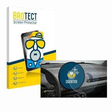 Front side of a product packaging with the brand logo BROTECT. Next to it is the device Mini Cooper Electric BJ 2024 shown wit