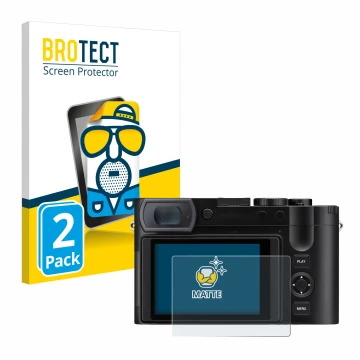 Front side of a product packaging with the brand logo BROTECT. Next to it is the device Leica Q3 43 shown with the correspondi
