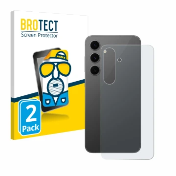 Front side of a product packaging with the brand logo BROTECT. Next to it is the device Samsung Galaxy S24 FE (Back) shown wit