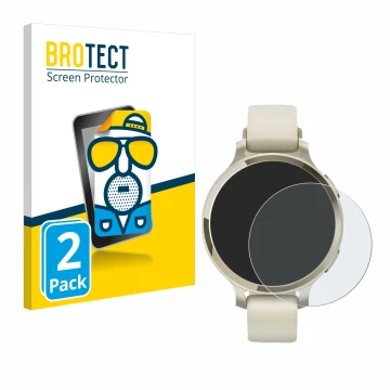 Front side of a product packaging with the brand logo BROTECT. Next to it is the device Garmin Lily 2 Active shown with the co