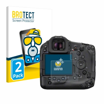 Front side of a product packaging with the brand logo BROTECT. Next to it is the device Canon EOS R1 shown with the correspond