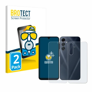 Front side of a product packaging with the brand logo BROTECT. Next to it is the device Samsung Galaxy A16 5G (Front+Back) sho