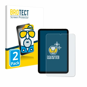 Front side of a product packaging with the brand logo BROTECT. Next to it is the device Apple iPad Mini 7 WiFi 2024 shown with