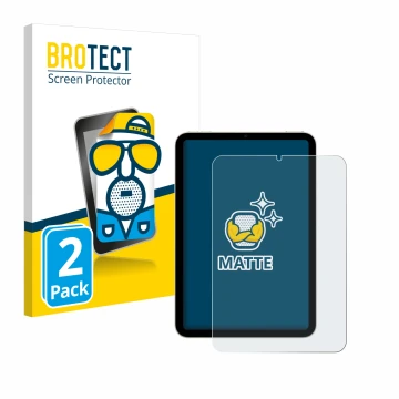 Front side of a product packaging with the brand logo BROTECT. Next to it is the device Apple iPad Mini 7 2024 shown with the 