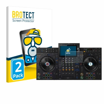 Front side of a product packaging with the brand logo BROTECT. Next to it is the device AlphaTheta XDJ-AZ shown with the corre