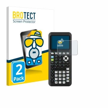 Front side of a product packaging with the brand logo BROTECT. Next to it is the device Texas Instruments TI-84 Plus CE-T Pyth