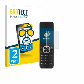 Front side of a product packaging with the brand logo BROTECT. Next to it is the device AVM Fritz!Fon C6 Black shown with the 