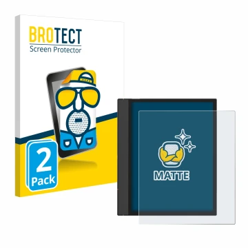 Front side of a product packaging with the brand logo BROTECT. Next to it is the device Boox Note Air 4 C shown with the corre