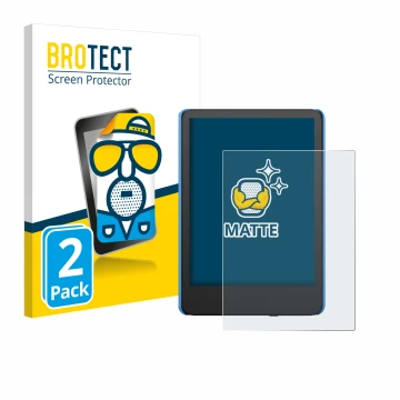 Front side of a product packaging with the brand logo BROTECT. Next to it is the device Amazon Kindle Kids (2024) shown with t