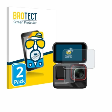 Front side of a product packaging with the brand logo BROTECT. Next to it is the device Insta360 Ace Pro 2 shown with the corr