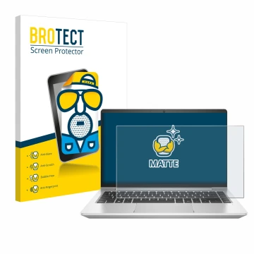 Front side of a product packaging with the brand logo BROTECT. Next to it is the device HP ProBook 445 G9 shown with the corre