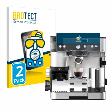 Front side of a product packaging with the brand logo BROTECT. Next to it is the device Ninja Luxe Cafe Essential shown with t