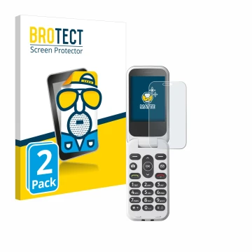Front side of a product packaging with the brand logo BROTECT. Next to it is the device Doro 2820 shown with the corresponding